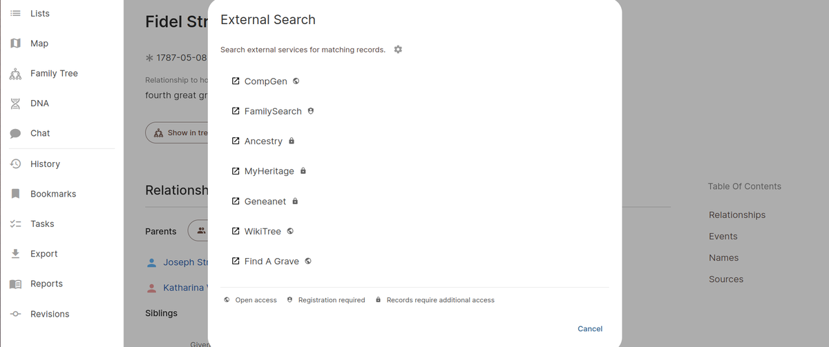 Externe Suche in Gramps Web – Mit Genealogie-Websites verbinden