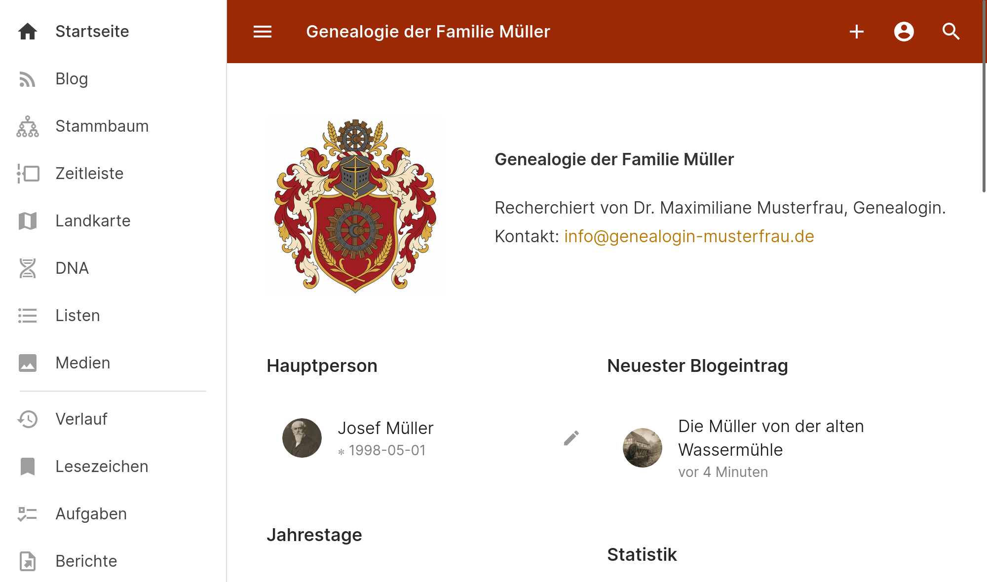 Startseite eines Kundenstammbaums in Gramps Web, mit Wappen, Hauptperson und
                dem Hinweis auf die recherchierende Genealogin